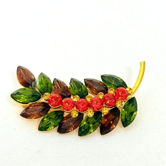 Joan Rivers Dimensional Leaf Brooch Gold Tone w/Crystals Signed - Picture 3 of 7
